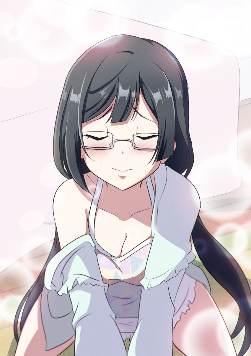 1girl bangs birthday black_hair blush breasts cleavage closed_eyes collarbone commentary_request glasses grey-framed_eyewear highres jacket large_breasts long_hair love_live! love_live!_nijigasaki_high_school_idol_club low_twintails nakagawa_nana semi-rimless_eyewear sidelocks solo twintails under-rim_eyewear yuuki_setsuna_(love_live!) zasshoku_ojisan