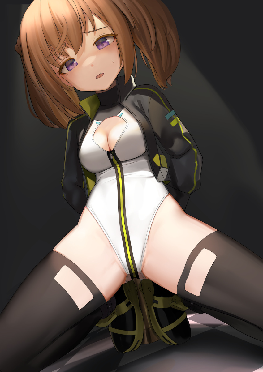 1girl absurdres alice_gear_aegis arms_behind_back black_jacket black_thighhighs booth_babe breasts brown_hair cleavage_cutout clothing_cutout companion/af cropped_jacket front_zipper highleg highleg_leotard highres jacket kimikage_yui kneeling leotard looking_at_viewer medium_breasts purple_eyes race_queen solo sunga2usagi thighhighs twintails white_leotard zipper_leotard