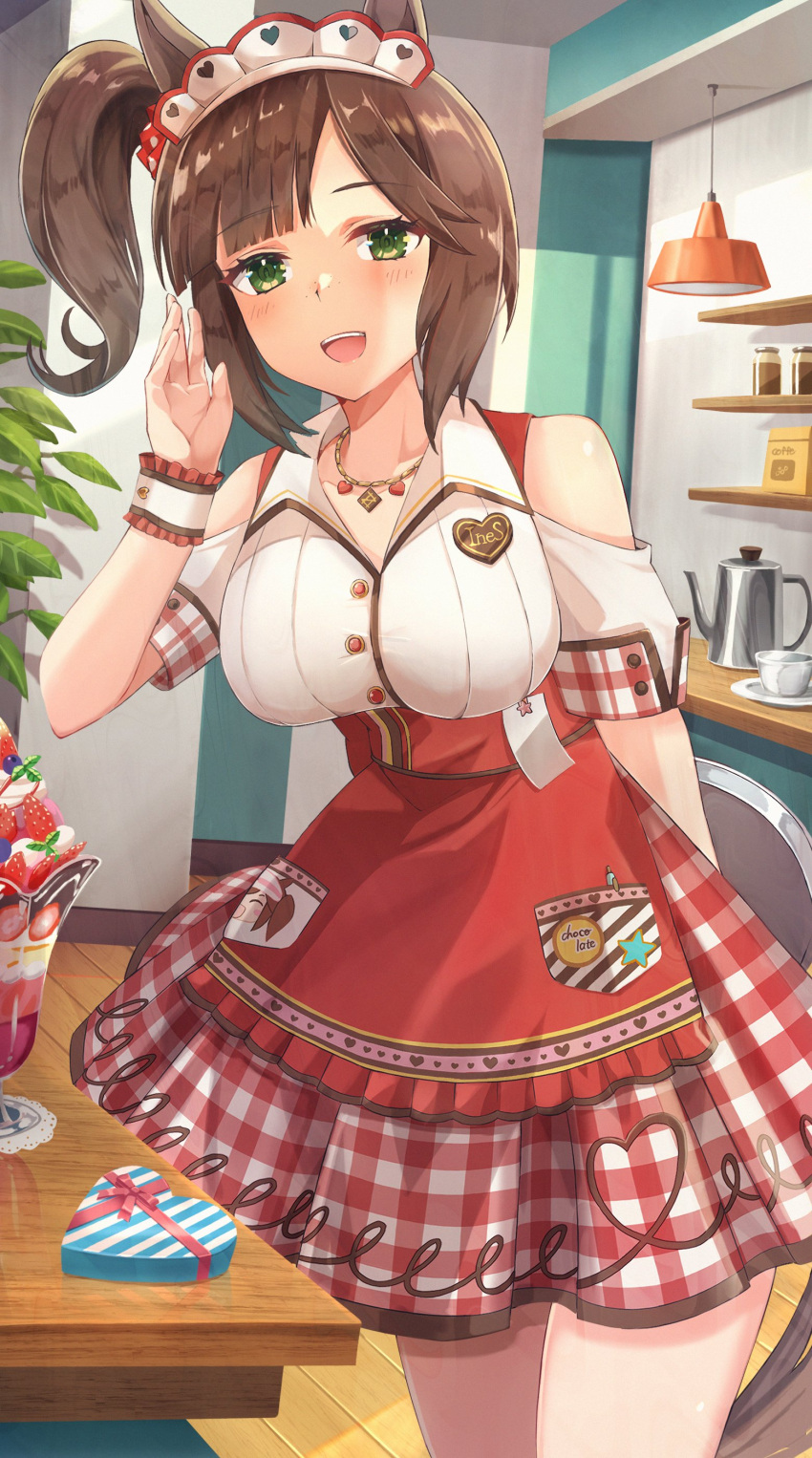 1girl :d absurdres animal_ears apron arm_behind_back asymmetrical_bangs bare_shoulders blunt_bangs blush bodice box breasts brown_hair cafe cape clothing_cutout gingham_skirt green_eyes hand_up heart-shaped_box heart_on_chest high-waist_skirt highres horse_ears horse_girl horse_tail indoors ines_fujin_(melty_gift)_(umamusume) ines_fujin_(umamusume) jewelry large_breasts leaning_forward looking_at_viewer maid_headdress medium_hair miniskirt name_tag necklace official_alternate_costume open_mouth parfait red_apron red_skirt shirt short_sleeves shoulder_cutout side_ponytail skirt sleeve_cuffs smile solo tail torottye umamusume underbust waist_apron waitress white_cape white_shirt