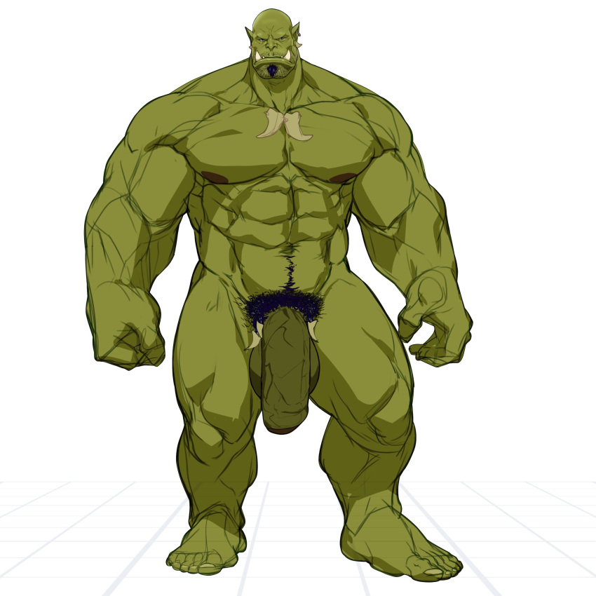 abs balls dizdoodz genitals green_body green_skin hi_res humanoid humanoid_pointy_ears male muscular muscular_humanoid muscular_male nipples orc pecs penis pubes solo