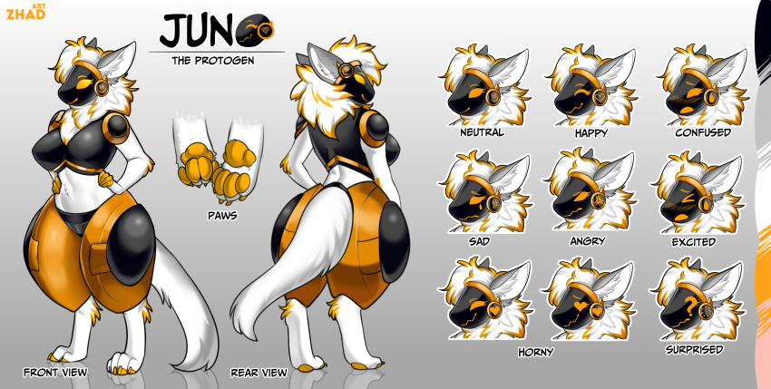 absurd_res anthro armor big_breasts big_butt breasts butt clothing emotions english_text female fluffy fur game_(disambiguation) hi_res huge_breasts invalid_tag juno_(disambiguation) juno_the_protogen junotheprotogen legwear machine model_sheet pawpads protogen solo text thigh_highs thigh_thigh white_body white_fur wide_hips zhadart