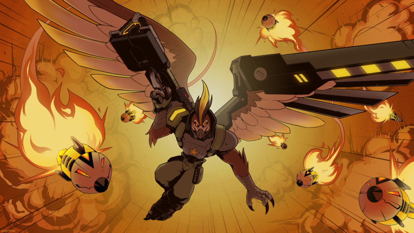 accipitrid accipitriform anthro armor avian battleborn beak benedict_(battleborn) bird clothed clothing corrsk digital_media_(artwork) explosion feathered_wings feathers gun hi_res holding_object holding_weapon looking_at_viewer male prosthetic prosthetic_wing ranged_weapon rocket rocket_launcher simple_background solo weapon wings