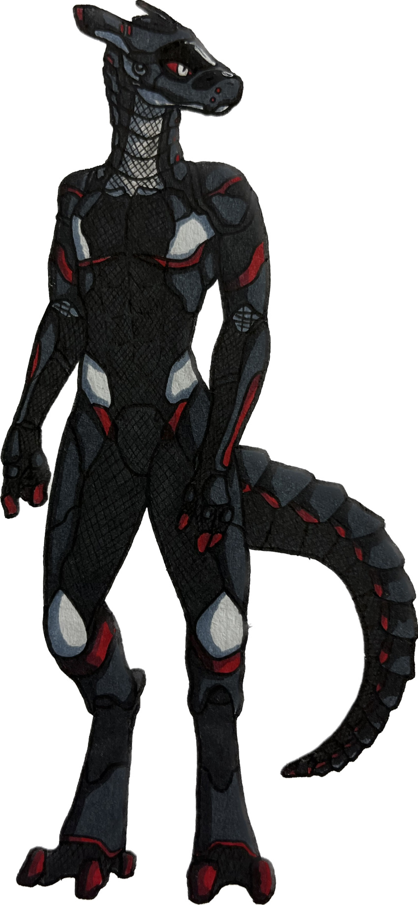 absurd_res anthro chaos_agent_(artist) grey_body hi_res humanoid machine male odis_(chaos_agent) red_eyes robot robot_humanoid scalie solo synth_(vader-san) synthetic traditional_media_(artwork)