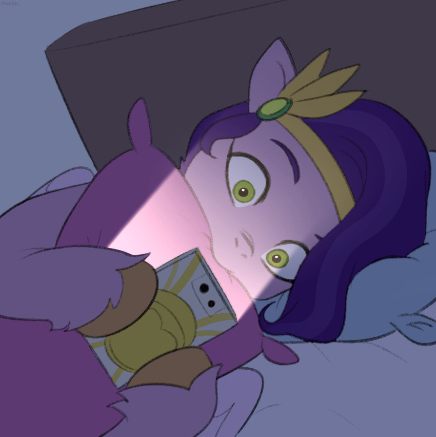 bed bite cellphone equid equine fur furniture green_eyes hair hasbro headpiece hi_res hooves horse mammal marenlicious meme mlp_g5 my_little_pony on_bed pegasus phone pillow pillow_bite pink_body pink_fur pipp_petals_(mlp) purple_hair smartphone wings