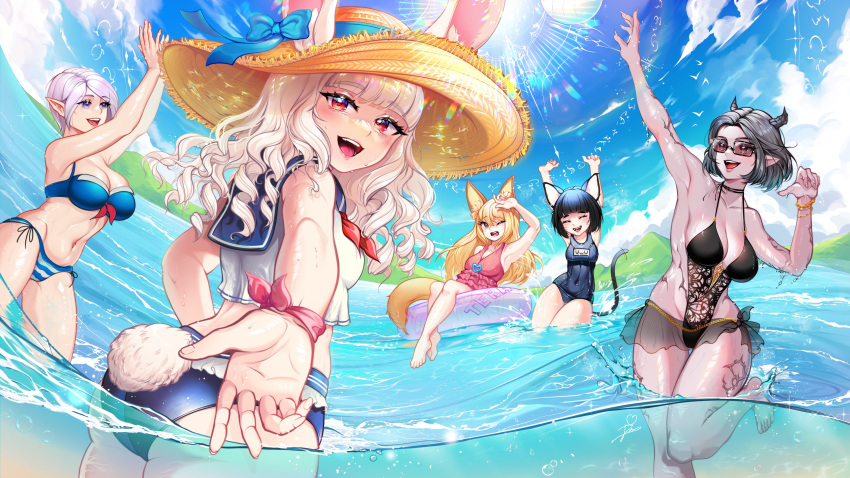 5girls absurdres animal_ears bikini breasts castanic cat_ears character_request cleavage covered_navel elf elin fevermoun fox_ears highres looking_at_viewer multiple_girls ocean pointy_ears rabbit_ears red_eyes school_swimsuit summer swimsuit tera_online