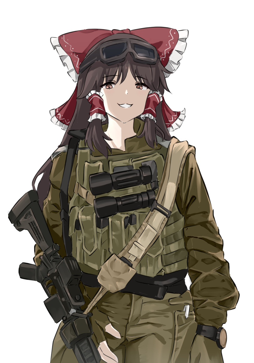 1girl :d alternate_costume assault_rifle binoculars bow brown_eyes brown_hair bulletproof_vest eyewear_on_head fingerless_gloves frills gloves grin gun hair_bow hair_tubes hakurei_reimu highres long_hair looking_at_viewer mutugorou_u pants red_bow rifle simple_background smile solo touhou very_long_hair watch weapon weapon_request white_background wristwatch