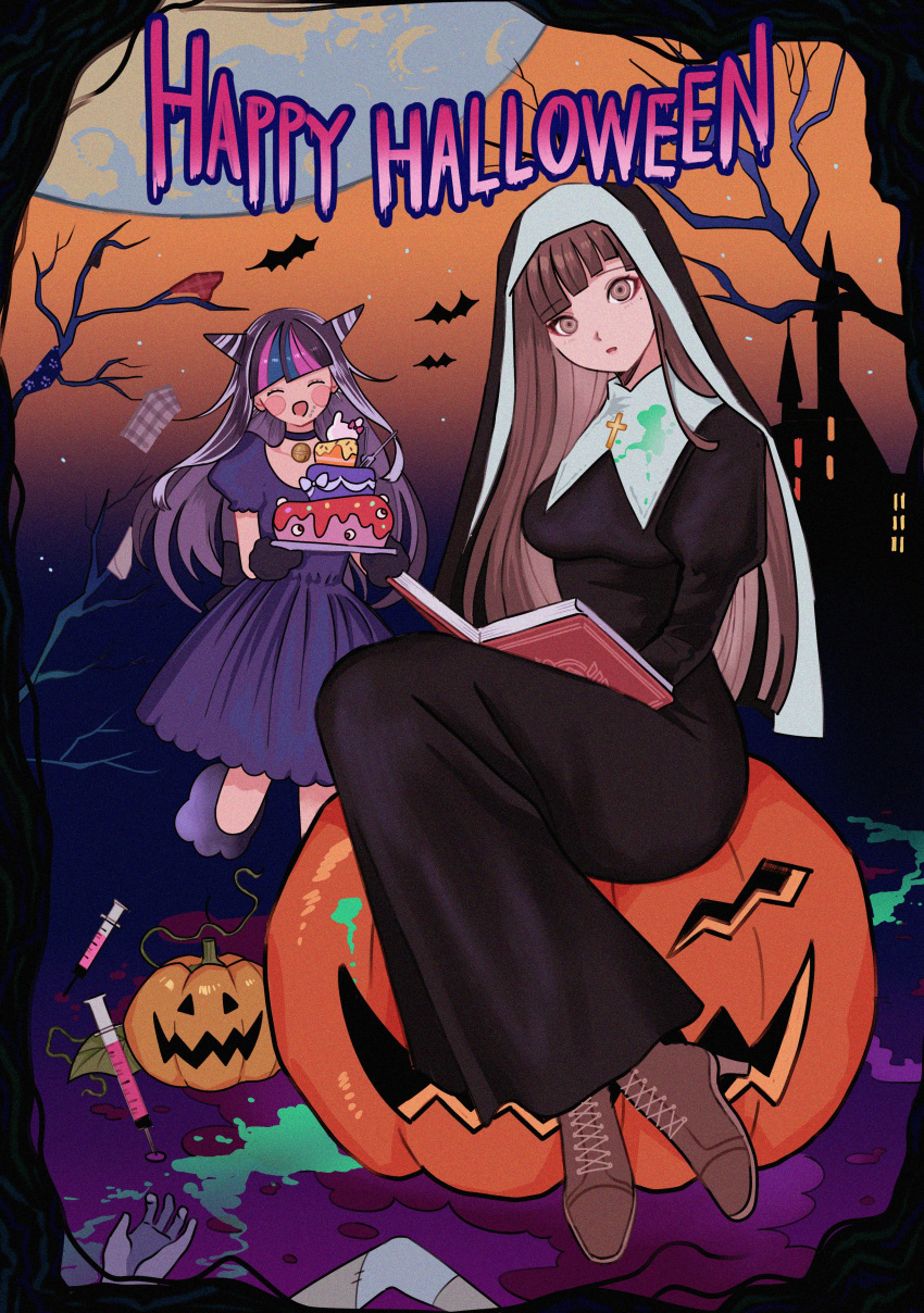 2girls absurdres alternate_costume bare_tree black_choker black_dress black_gloves blood book brown_hair cake castle choker collarbone cross danganronpa_(series) danganronpa_2:_goodbye_despair dress food gloves green_blood halloween_costume happy_halloween highres holding holding_book holding_tray juliet_sleeves long_hair long_sleeves looking_at_viewer mioda_ibuki moon multiple_girls night nun okonomiyakiyyy1 open_book orange_background pink_eyes puffy_short_sleeves puffy_sleeves pumpkin purple_dress short_sleeves sitting smile stitches syringe tray tree tsumiki_mikan