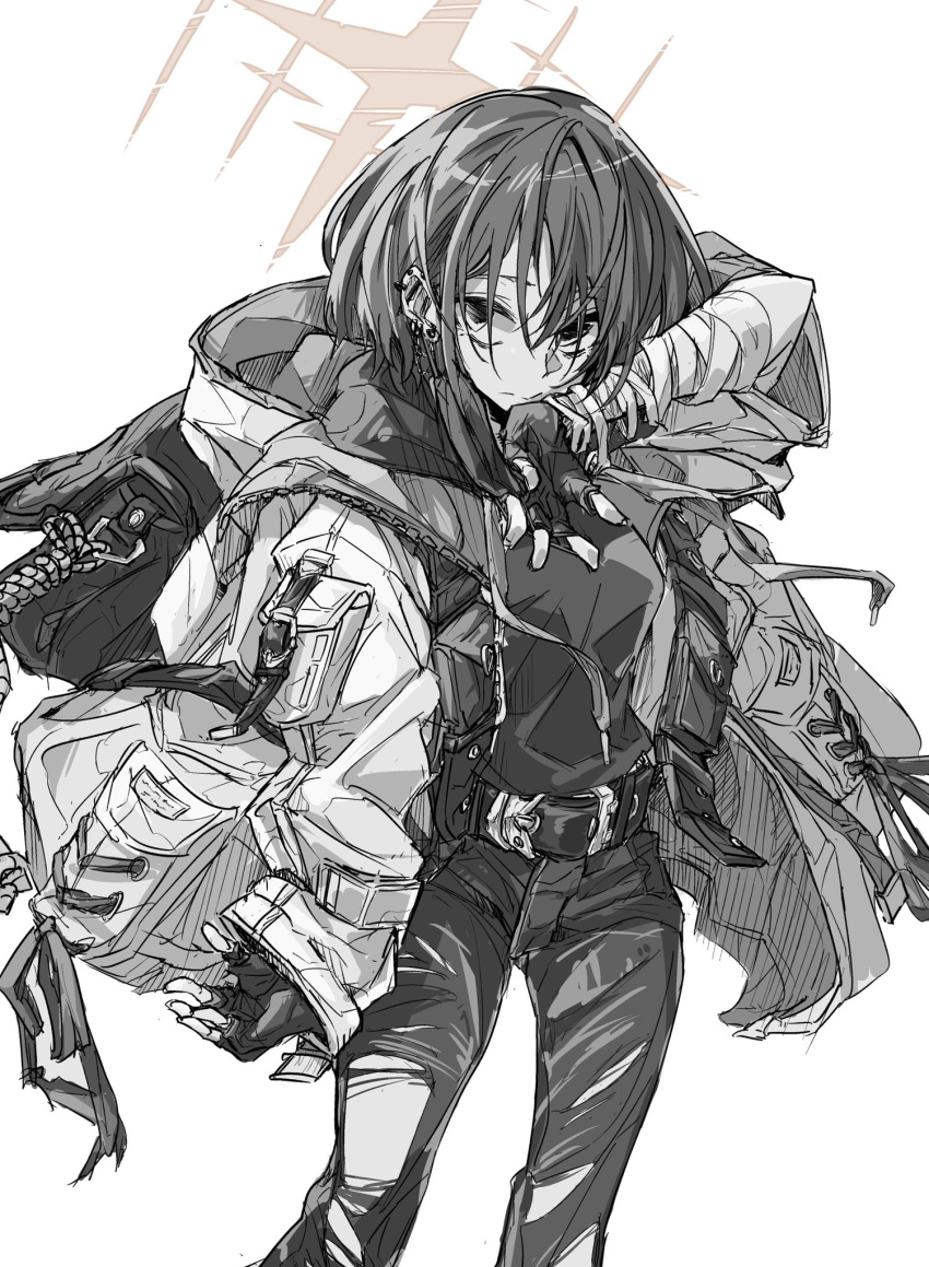 1girl backpack bag belt blue_archive closed_mouth earrings greyscale halo highres hood hooded_jacket jacket jewelry jitaso long_sleeves looking_at_viewer misaki_(blue_archive) monochrome open_clothes open_jacket pants short_hair solo standing stud_earrings torn_clothes torn_pants upper_body white_background