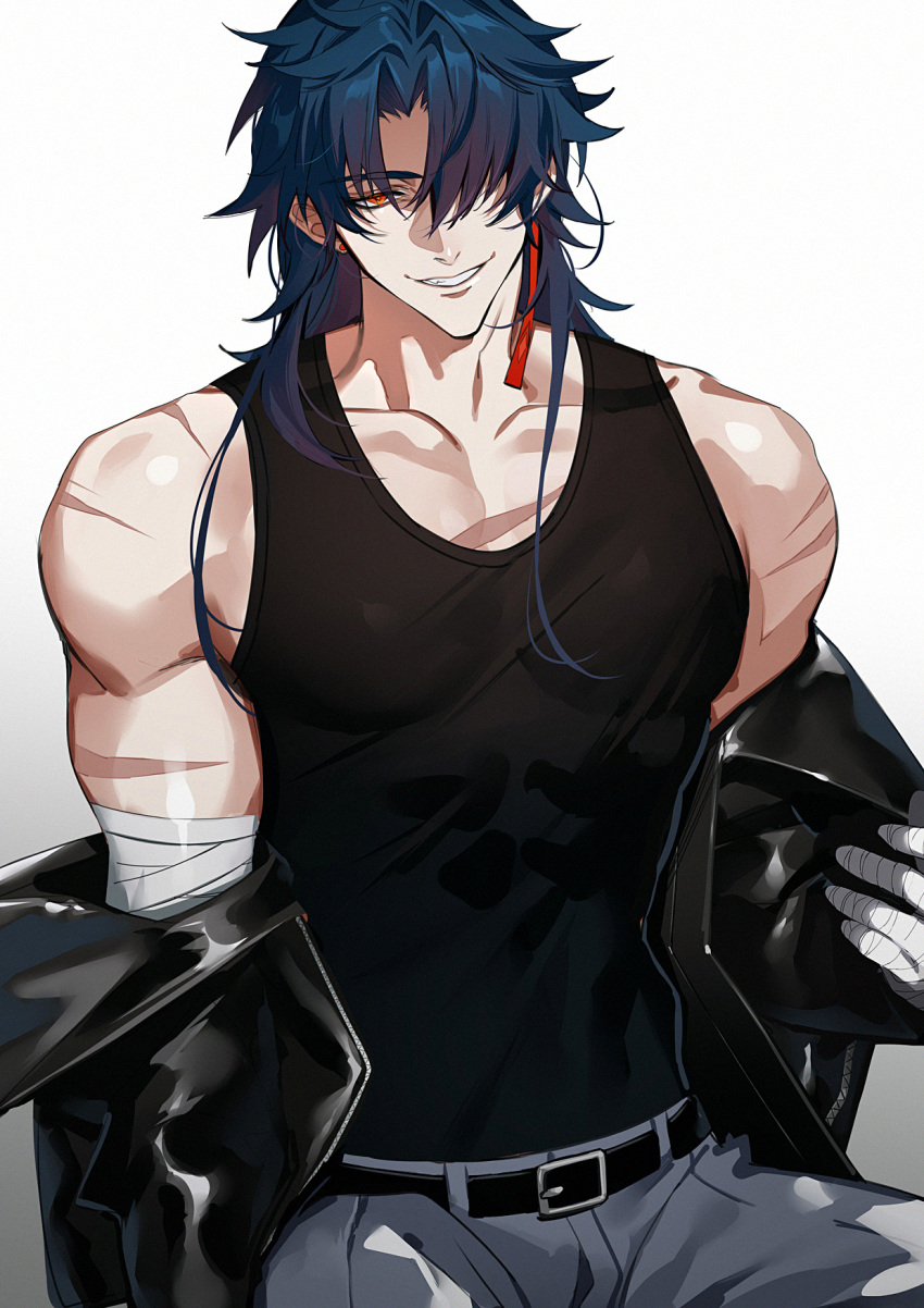 1boy bandaged_arm bandaged_hand bandages bare_shoulders belt black_tank_top blade_(honkai:_star_rail) blue_hair collarbone cowboy_shot eriimyon grey_pants hair_over_one_eye highres honkai:_star_rail honkai_(series) jacket leather leather_jacket long_hair male_focus muscular muscular_male pants pectorals red_eyes removing_jacket scar scar_on_arm scar_on_chest scar_on_shoulders simple_background sitting smile solo tank_top teeth white_background