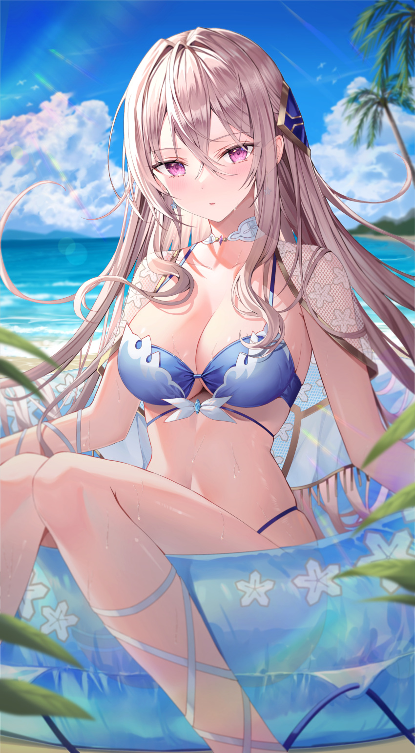 1girl absurdres bare_legs bare_shoulders beach bikini blue_bikini blurry breasts brown_hair capelet choker cleavage day depth_of_field hair_between_eyes hair_ornament heaven_burns_red highres innertube large_breasts leg_ribbon navel outdoors parted_lips pink_eyes ribbon rin_yuu see-through shirakawa_yuina sitting skindentation solo stomach string_bikini swimsuit thighs wet white_choker