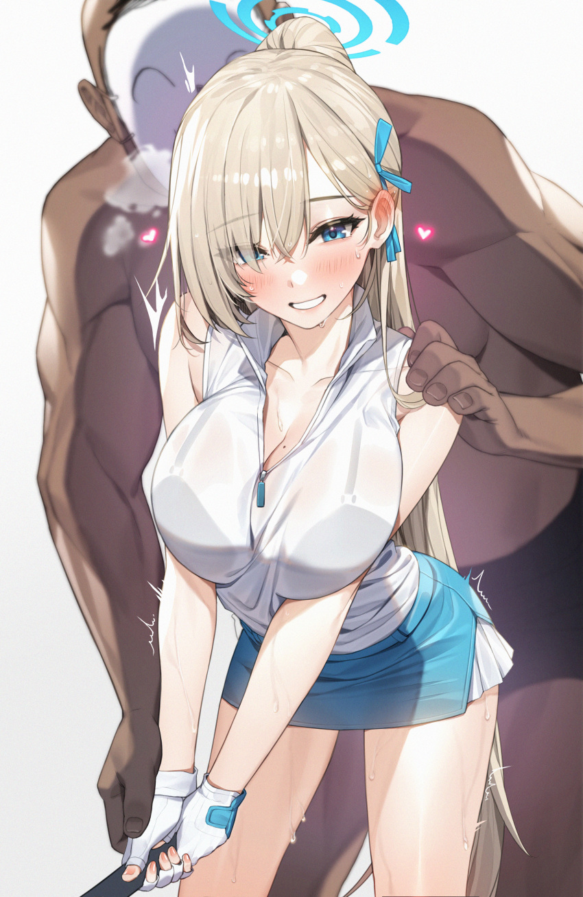 1girl absurdres arona's_sensei_doodle_(blue_archive) asuna_(blue_archive) black_bra blonde_hair blue_archive blue_eyes blush bra bra_visible_through_clothes breasts breath cleavage collarbone dark-skinned_male dark_skin ear_blush fingerless_gloves gloves golf_club hand_on_another's_shoulder heart highres holding holding_golf_club large_breasts light_brown_hair long_hair miniskirt open_collar piyo_(pixiv_2308057) ponytail sensei_(blue_archive) shirt skirt sleeveless sleeveless_shirt smile sweat topless_male trembling underwear very_long_hair