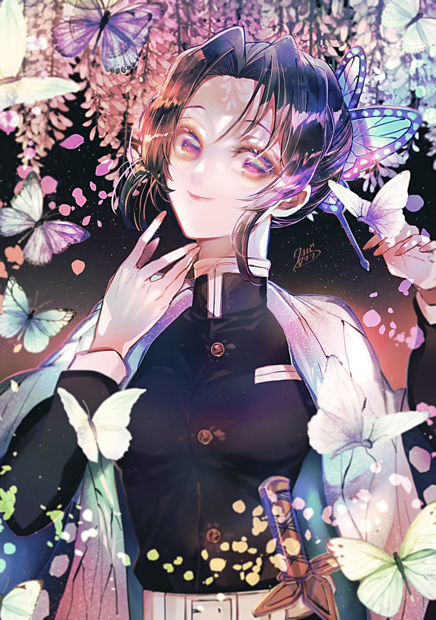 1girl animal_print belt black_background black_hair bug butterfly butterfly_hair_ornament butterfly_print demon_slayer_uniform eyelashes falling_petals flower gradient_background hair_ornament hands_up haori highres japanese_clothes katana kimetsu_no_yaiba kochou_shinobu parted_bangs petals purple_eyes sidelocks signature smile solo sword upper_body weapon white_belt wisteria yamada_73