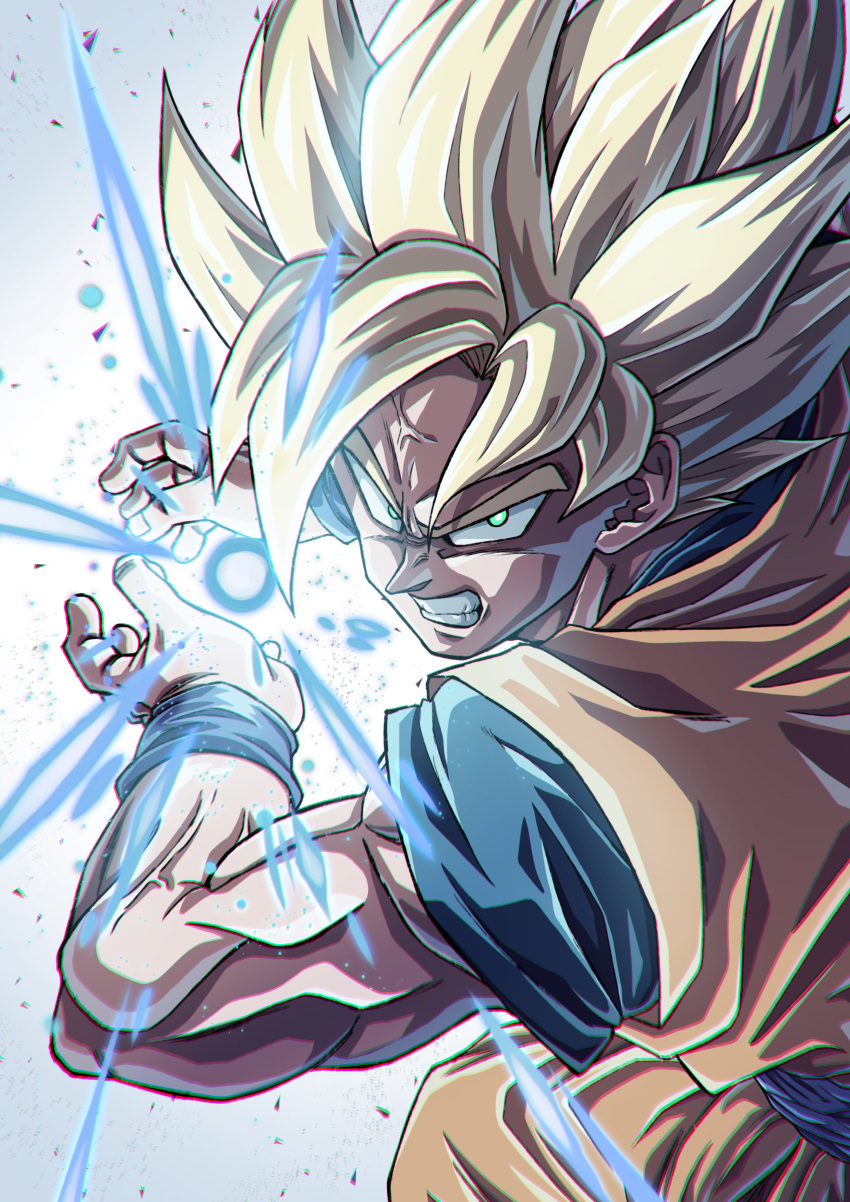 1boy absurdres blonde_hair clenched_teeth commentary commentary_request dougi dragon_ball green_eyes highres kamehameha_(dragon_ball) mocky_art muscular muscular_male solo son_goku spiked_hair super_saiyan super_saiyan_1 teeth