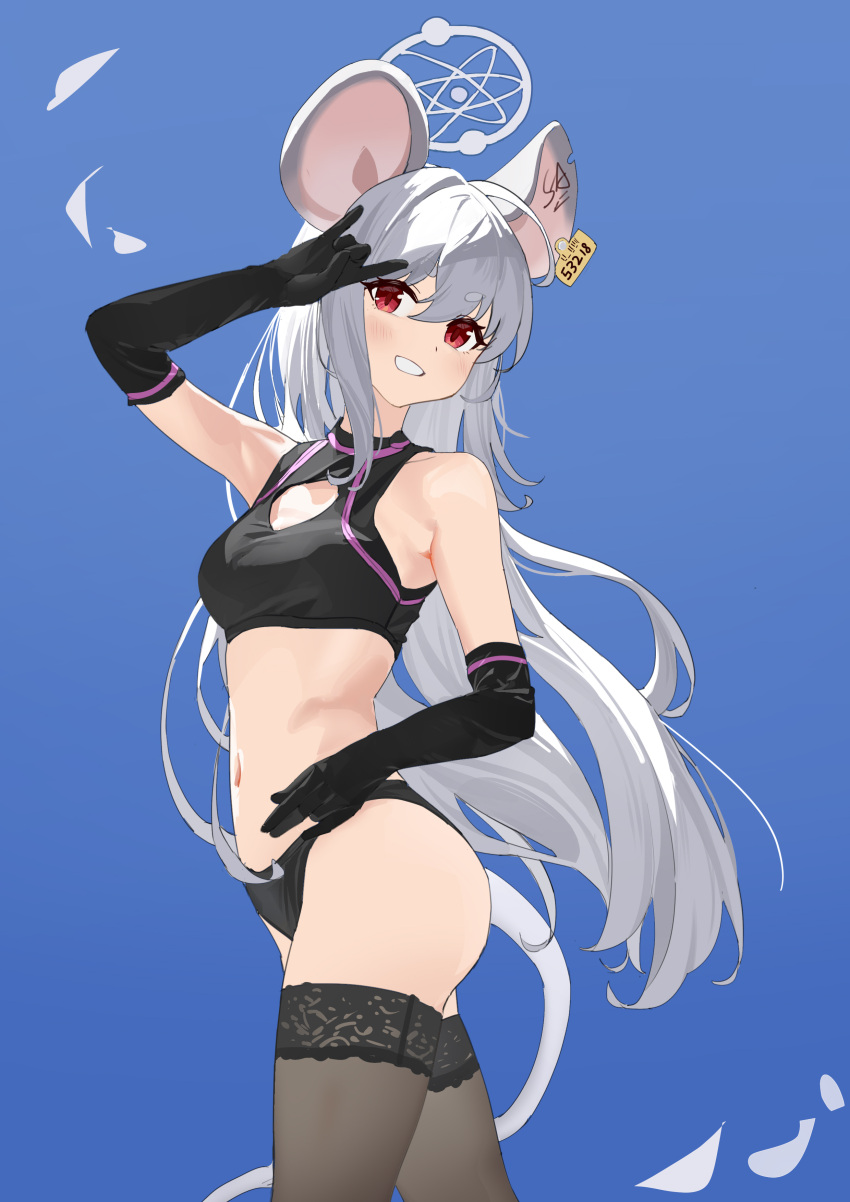 1girl absurdres ahoge animal_ears ass black_gloves black_panties black_thighhighs blue_archive blurry blurry_background breasts cleavage_cutout clothing_cutout elbow_gloves gloves hair_between_eyes highres lace-trimmed_legwear lace_trim light_blush long_hair looking_at_viewer midriff mouse_ears navel panties red_eyes saya_(blue_archive) small_breasts smile solo standing tail thick_eyebrows thighhighs underwear very_long_hair white_hair wudongyouyi