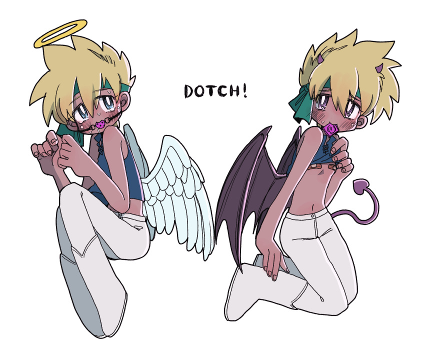 1boy angel_and_devil angel_wings bakusou_kyoudai_let's_&amp;_go!! ball_gag bandaid bandaids_on_nipples blonde_hair blue_eyes blue_shirt boots bright_pupils clothes_lift condom condom_in_mouth dark-skinned_male dark_skin demon_horns demon_tail demon_wings gag green_headband halo headband highres horns j_(let's_&amp;_go) kneeling midriff mouth_hold navel pants pasties shirt shirt_lift sleeveless sleeveless_shirt tail tears white_background white_footwear white_pants white_pupils wings yamada_the_man yellow_halo