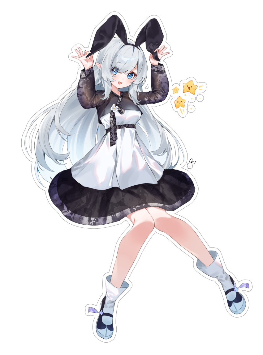 1girl :d animal_ears arms_up black_dress black_hairband blue_eyes boots cheli_(kso1564) copyright_request dress fake_animal_ears grey_hair hair_between_eyes hairband hand_on_own_ear highres knees_together_feet_apart long_hair long_sleeves outline puffy_long_sleeves puffy_sleeves pulling_own_ear rabbit_ears simple_background smile solo star_(symbol) very_long_hair virtual_youtuber white_background white_dress white_footwear white_outline