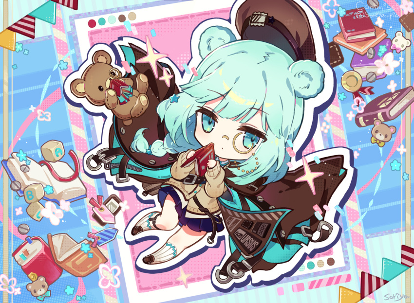 1girl animal_ears aqua_eyes aqua_hair arknights award_ribbon bare_legs bear_ears bear_girl blue_background blue_skirt book braid brown_coat brown_footwear brown_sweater chibi coat coat_on_shoulders dot_mouth drop_shadow holding holding_book istina_(arknights) long_hair long_sleeves looking_at_viewer monocle multicolored_background outline pink_background pleated_skirt sidelocks signature skirt socks solo soriya string_of_flags stuffed_animal stuffed_toy sweater sweater_vest teddy_bear white_socks