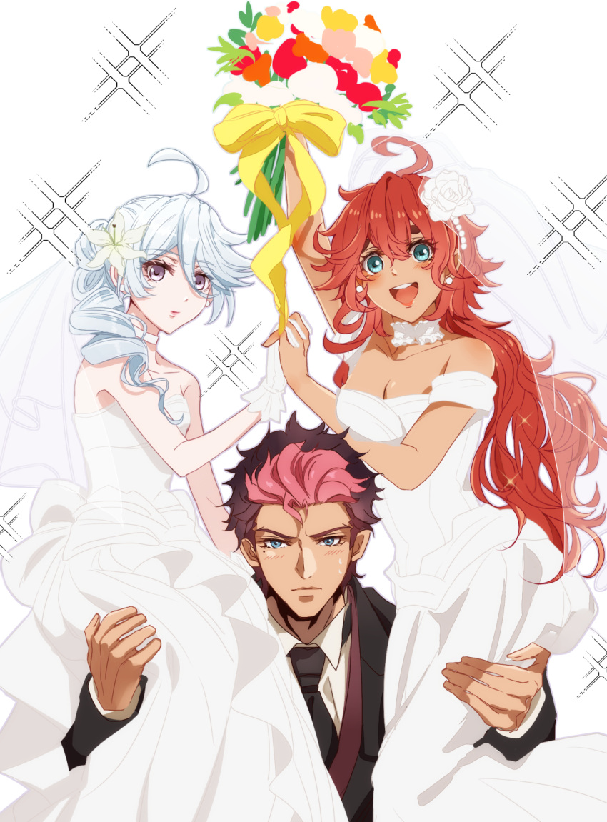 1boy 2girls :d ahoge bare_shoulders bisexual_female black_necktie blue_eyes bouquet breasts brown_hair dark-skinned_female dark_skin dress flower formal guel_jeturk gundam gundam_suisei_no_majo hair_flower hair_ornament hetero highres husband_and_wives kanda_faf2 long_hair miorine_rembran multiple_girls necktie pink_hair red_hair ribbon simple_background sitting_on_shoulder small_breasts smile suit suletta_mercury sweatdrop thick_eyebrows veil wedding_dress white_background white_hair yellow_ribbon