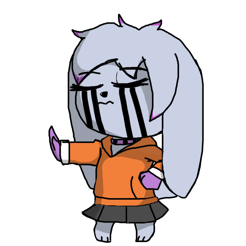 2023 absurd_res ambiguous_gender anthro bottomwear canid canine chibi clothing eyes_closed facial_markings fur grey_body grey_fur hand_on_hip head_markings hi_res hoodie mammal markings paws purple_eyes renv skirt solo stop_gesture topwear