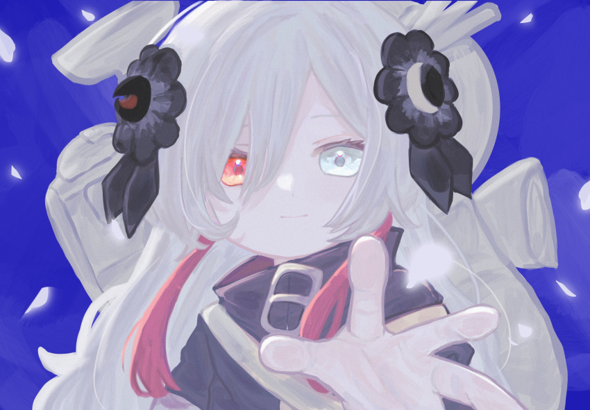 1girl black_coat black_flower blue_background close-up coat commentary_request faoru_ofuton flower hair_flower hair_ornament hair_over_one_eye heterochromia highres isekai_joucho kamitsubaki_studio light_smile long_hair looking_at_viewer multicolored_hair outstretched_hand reaching reaching_towards_viewer red_eyes red_hair solo two-tone_hair virtual_youtuber white_eyes