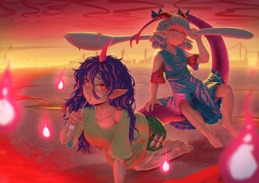 2girls absurdres blood drinking drinking_blood earrings highres holding_spork horns jewelry multiple_girls pointy_ears purple_hair red_eyes revenge_(vengerezn) shirt sitting_on_another's_tail spork syringe tail tenkajin_chiyari touhou toutetsu_yuuma white_hair