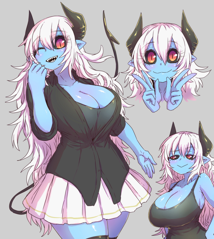 1girl aohada_bocchi black_horns black_sclera black_tail black_tank_top blue_skin blush breasts cocked_eyebrow colored_sclera colored_skin curvy demon_girl demon_horns demon_tail double_v hands_on_own_hips highres horns huge_breasts long_hair multiple_views one_eye_closed open_hand pointy_ears red_eyes ruri_(aohada_bocchi) sharp_teeth skirt smile tail tank_top teeth thighhighs thighs unbuttoned unbuttoned_shirt v white_hair white_skirt zyugoya