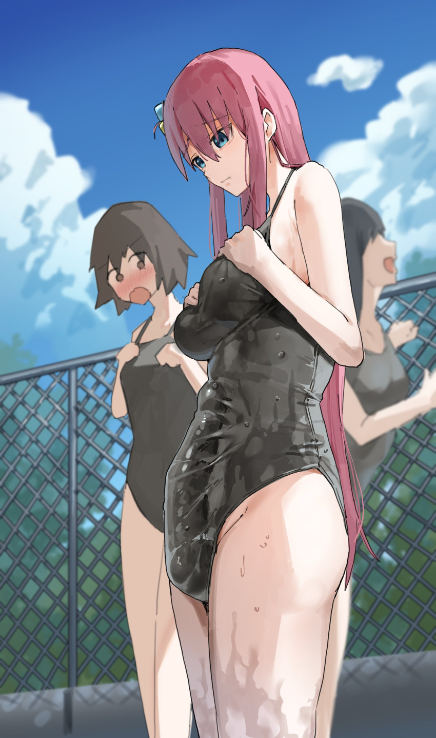 3girls absurdres black_hair black_one-piece_swimsuit blue_sky blush bocchi_the_rock! breasts bulge closed_mouth cloud cube_hair_ornament day fence futanari gotoh_hitori hair_between_eyes hair_ornament highres large_breasts long_hair multiple_girls one-piece_swimsuit open_mouth outdoors pink_hair short_hair sky solo_focus standing swimsuit uuuron_cha wet