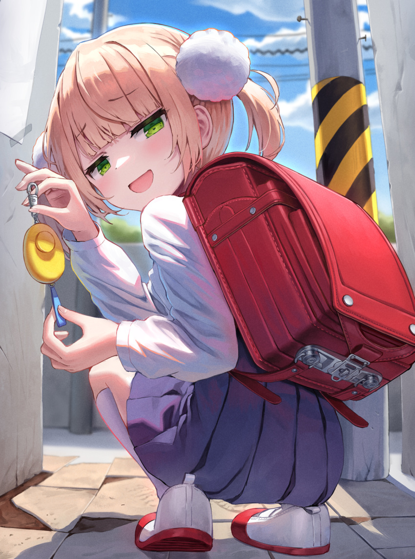 1girl :d backpack bag blue_skirt blush commentary crime_prevention_buzzer day from_behind full_body green_eyes hair_ornament highres indie_virtual_youtuber kneehighs light_brown_hair long_sleeves looking_at_viewer looking_back miniskirt open_mouth outdoors pleated_skirt pom_pom_(clothes) pom_pom_hair_ornament randoseru red_bag shigure_ui_(vtuber) shirt shoes short_hair skirt smile socks solo squatting superpig twintails virtual_youtuber white_shirt white_socks