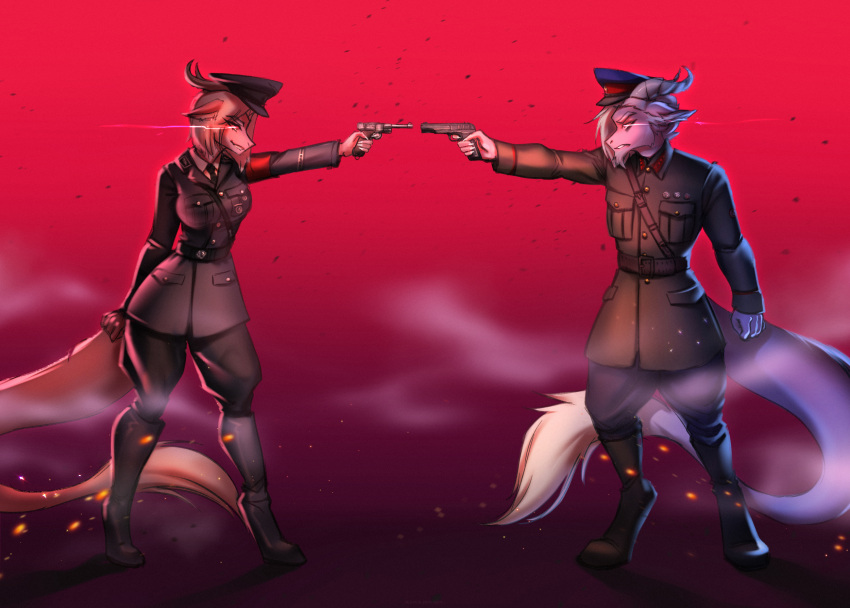 2023 aiming_at_another alen_(saren662) amarihel angry anthro beard betl boots clothed clothing dragon duo eiris_(saren662) eye_contact facial_hair female footwear fully_clothed fur furred_dragon grin gun handgun hi_res holding_object holding_weapon horn looking_at_another male nazi nkvd pink_body pistol pockets ranged_weapon russian smile soviet_union tail tail_tuft tuft uniform weapon