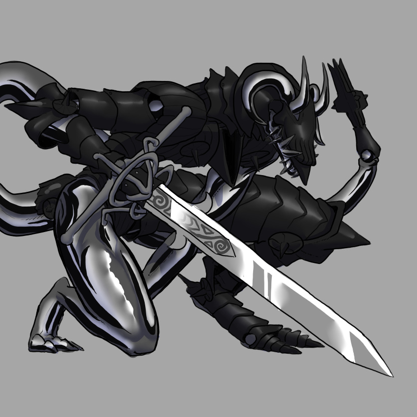 4_horns absurd_res ambiguous_gender anthro armor elemental_creature glistening glistening_body hi_res holding_object holding_sword holding_weapon horn kneeling melee_weapon metal_creature mineral_fauna monster multi_horn on_one_knee sharp_teeth snout solo sword tail teeth thecore34 weapon