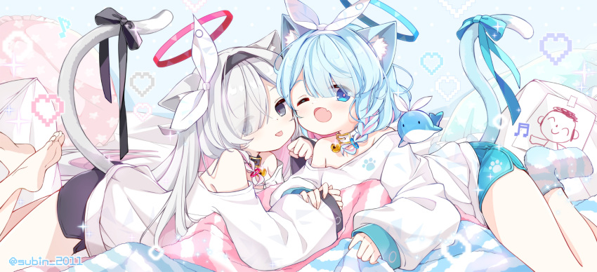 2girls ;d alternate_costume animal_collar animal_ear_fluff animal_ears arona's_sensei_doodle_(blue_archive) arona_(blue_archive) bare_shoulders barefoot black_shorts blue_archive blush braid cat_ears cat_tail collar fang feet_up hair_over_one_eye halo heart highres kemonomimi_mode looking_at_viewer lying multiple_girls off-shoulder_shirt off_shoulder on_stomach one_eye_closed paw_print pixel_heart plana_(blue_archive) ribbon sensei_(blue_archive) shirt short_shorts shorts single_braid skin_fang smile soles subin_(subin_2011) tail tail_ornament tail_ribbon toes tongue tongue_out white_shirt