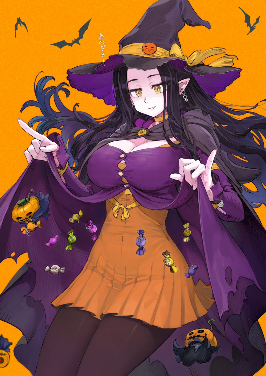 1girl bat_(animal) black_hair breasts button_gap candy choker cleavage cloak clothes_lift commentary cowboy_shot dress dress_lift earrings food gradient_hair halloween hat hat_ornament hat_ribbon highres hood hood_down hooded_cloak jack-o'-lantern jewelry jun_(navigavi) large_breasts lifted_by_self looking_at_viewer multicolored_hair orange_background original pale_skin pantyhose pleated_skirt pointy_ears purple_hair ribbon skirt smile solo symbol-only_commentary translation_request witch witch_hat wrapped_candy wrist_ribbon