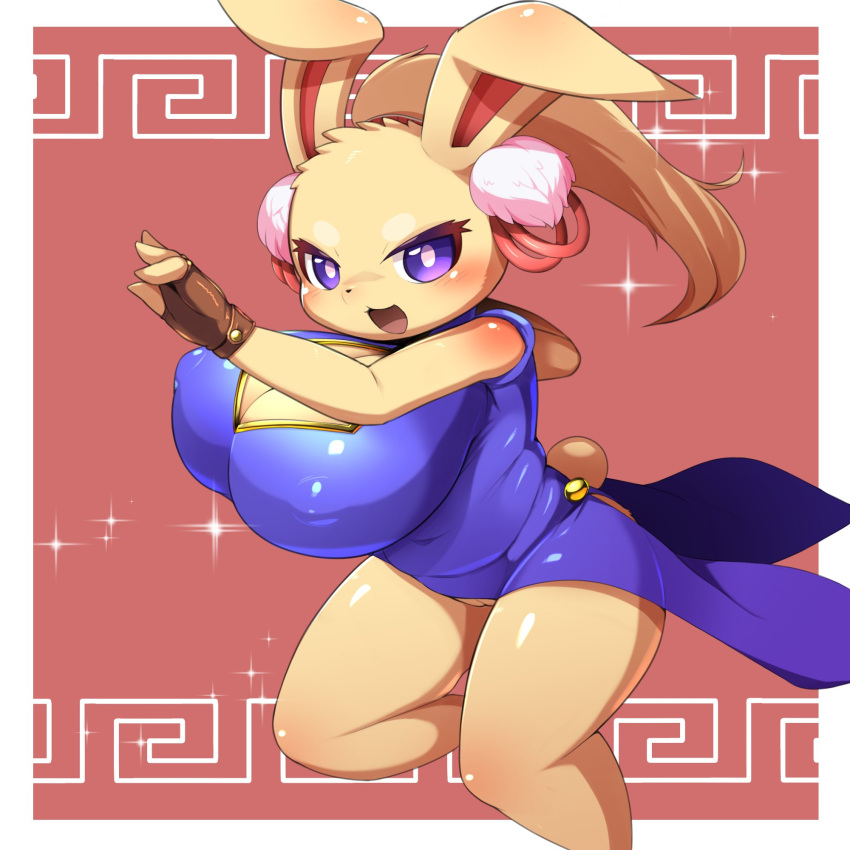 :3 anthro big_breasts black_nose blonde_hair blue_clothing blue_dress blush bouncing_breasts breasts brown_clothing brown_gloves brown_handwear character_request cleavage clothed clothing dress eyelashes female fingerless_gloves fur genitals glistening glistening_body glistening_clothing gloves hair handwear hi_res huge_breasts lagomorph leporid looking_at_viewer mammal navel obikuragetyan open_mouth ponytail pupils purple_clothing purple_dress purple_eyes pussy rabbit red_background simple_background solo sparkles standing thick_thighs white_clothes_(game) white_pupils yellow_body yellow_fur
