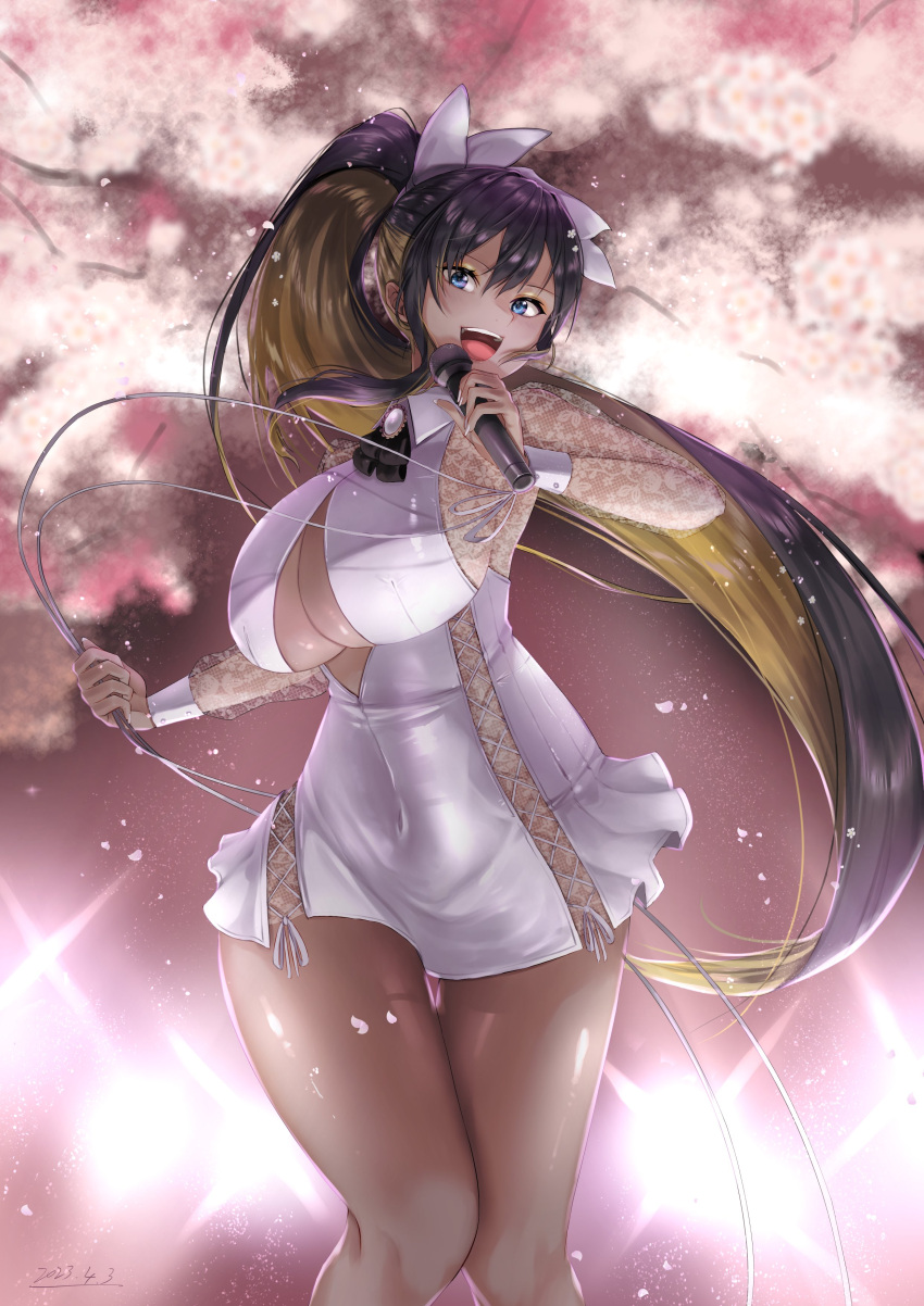 1girl :d absurdres black_hair blonde_hair breasts brooch cable cherry_blossoms cleavage_cutout clothing_cutout colored_inner_hair covered_navel dark-skinned_female dark_skin dress goddess_of_victory:_nikke hair_ribbon high_ponytail highres holding holding_cable holding_microphone huge_breasts jewelry looking_at_viewer microphone multicolored_hair nail_polish noise_(cherry_blossom_stage)_(nikke) noise_(nikke) official_alternate_costume open_mouth pleiad ribbon see-through see-through_sleeves sideboob smile solo stage_lights standing teeth thigh_gap two-tone_hair upper_teeth_only white_dress white_nails white_ribbon wide_hips