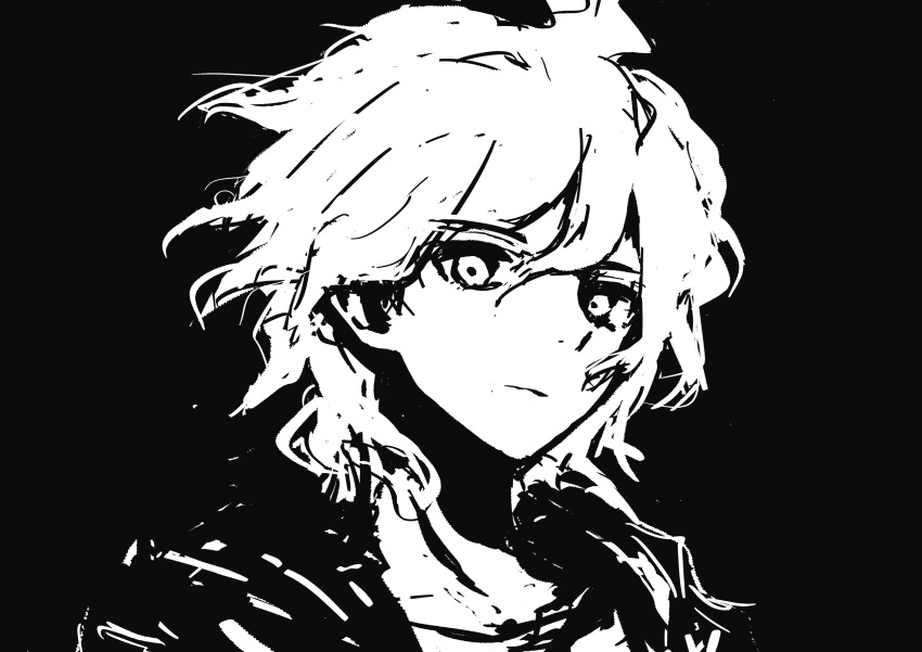 1boy absurdres black_background closed_mouth collarbone danganronpa_(series) danganronpa_2:_goodbye_despair greyscale hair_between_eyes highres jacket komaeda_nagito kyua_moto looking_at_viewer male_focus messy_hair monochrome portrait shirt solo