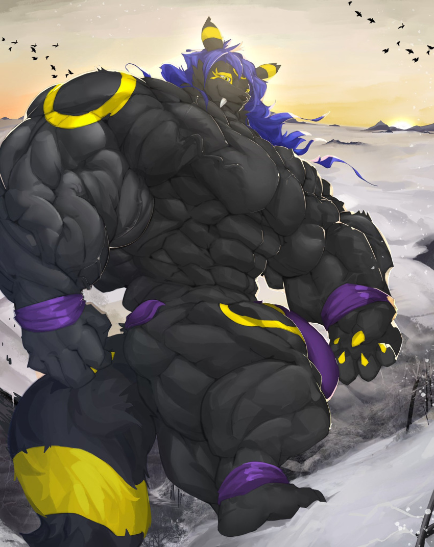 5_fingers abs ankle_band anthro biceps big_muscles biped black_body blue_hair bruce892741 bulge claws clothed clothing eeveelution fangs finger_claws fingers generation_2_pokemon hair hi_res hill huge_muscles hyper hyper_muscles male muscular muscular_anthro muscular_male muscular_thighs nintendo pecs pokemon pokemon_(species) sabertooth_(anatomy) show solo tail teeth thong umbreon underwear underwear_only vein veiny_muscles wristband