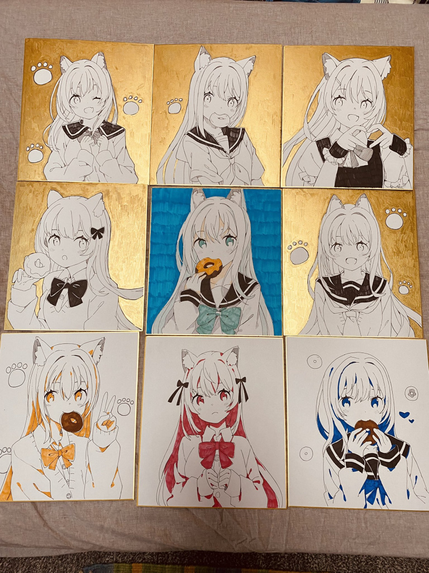 6+girls :o ;d animal_ear_fluff animal_ears blue_bow blue_hair blush bow closed_mouth collared_shirt commentary_request doughnut dress dress_shirt food food_in_mouth green_bow hair_bow hand_up highres holding holding_food long_hair long_sleeves mouth_hold multicolored_hair multiple_girls one_eye_closed orange_bow orange_eyes orange_hair original parted_lips partially_colored photo_(medium) puffy_long_sleeves puffy_sleeves red_bow red_eyes red_hair sailor_collar school_uniform serafuku shirt short_sleeves sleeveless sleeveless_dress sleeves_past_wrists smile tantan_men_(dragon) traditional_media two-tone_hair very_long_hair