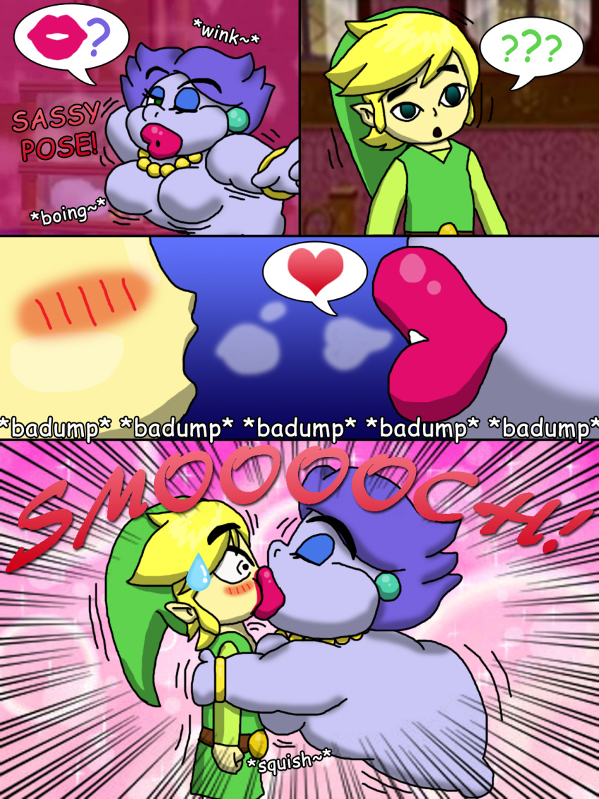 &lt;3 2016 blonde_hair blush breast_squish breasts clothing comic crossover duo elemental_creature english_text featureless_breasts female hair hi_res humanoid humanoid_pointy_ears hylian kiss_on_lips kissing lipstick madame_flurrie makeup male male/female mario_bros nintendo not_furry one_eye_closed paper_mario pictographics purple_hair speech_bubble squish text the_legend_of_zelda the_scale_train toon_link wide_eyed wind_waker wink