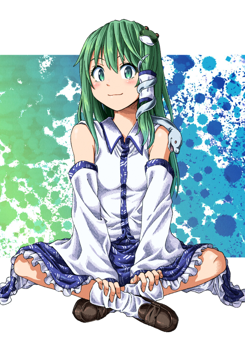 1girl bare_shoulders black_footwear blue_skirt blush closed_mouth detached_sleeves fingernails frilled_skirt frills frog_hair_ornament full_body green_eyes green_hair hair_ornament hair_tubes highres inuno_rakugaki japanese_clothes kochiya_sanae loafers long_hair looking_at_viewer nontraditional_miko shoes sitting skirt smile snake_hair_ornament socks solo touhou white_sleeves white_socks wide_sleeves