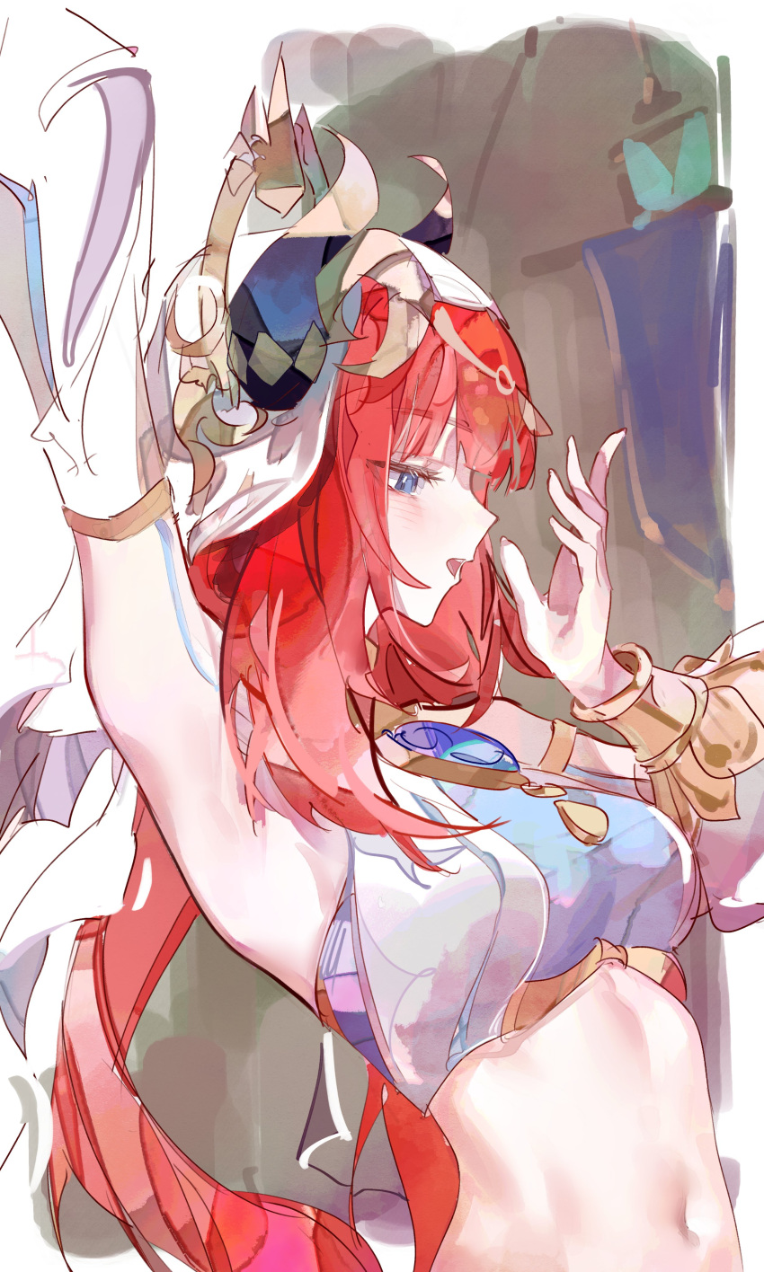 1girl absurdres arm_up armpits bare_shoulders blue_eyes breasts brooch cocoballking commentary crop_top fake_horns genshin_impact hand_up highres horns jewelry long_hair medium_breasts midriff navel nilou_(genshin_impact) open_mouth red_hair solo stomach symbol-only_commentary upper_body veil very_long_hair