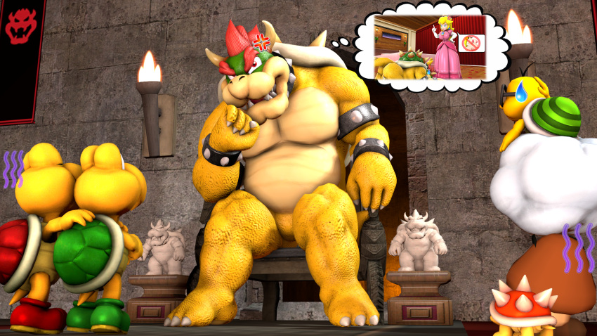 angry anthro areola belly big_belly big_breasts blonde_hair blue_eyes bowser breasts chair cobaltapple cross-popping_vein crown digital_media_(artwork) eyewear female furniture goomba group hair headgear hi_res horn human koopa lakitu male mammal mario_bros muscular nintendo nipples nude pregnant pregnant_female princess_peach reptile scalie shell sitting spikes throne