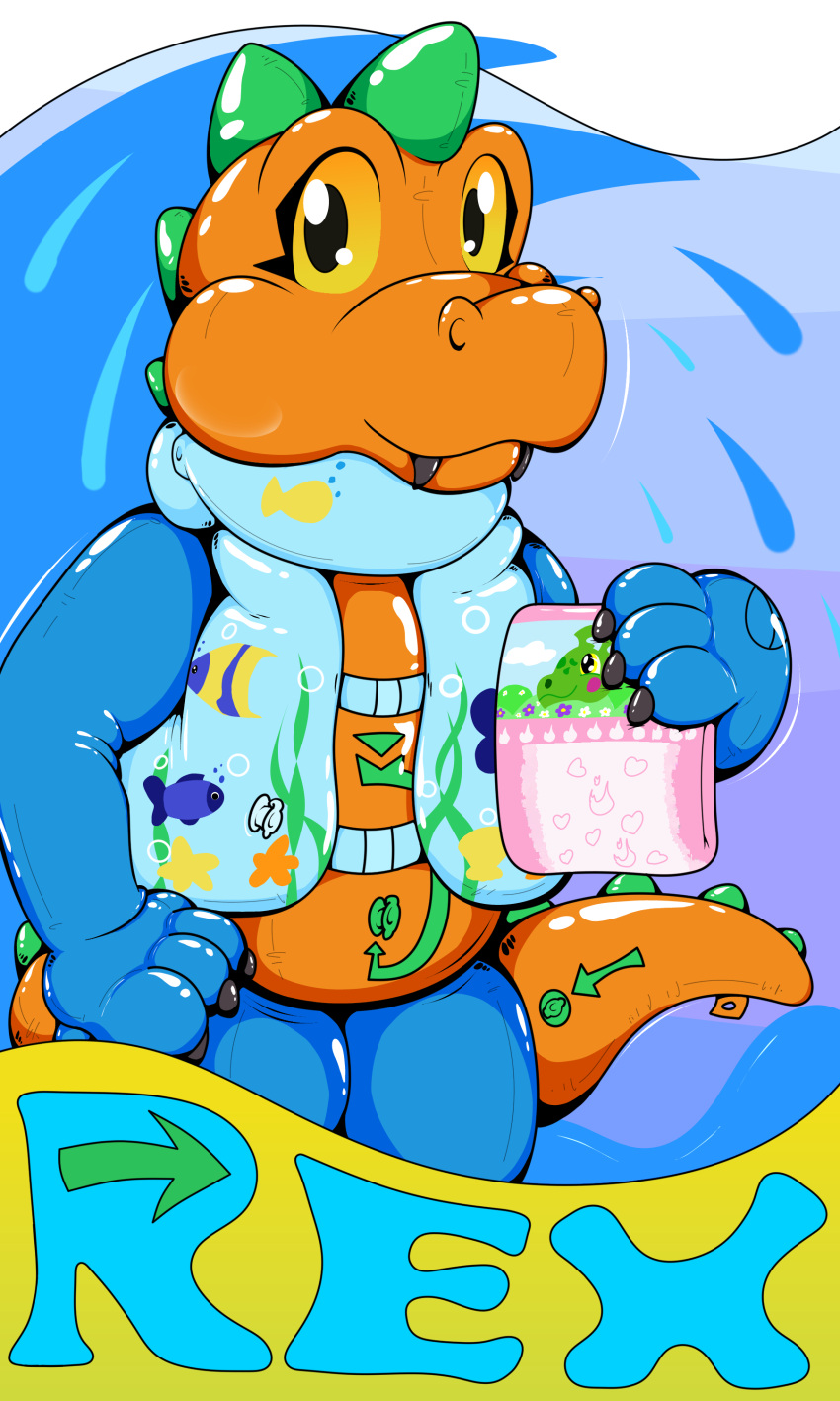 absurd_res animate_inanimate anthro badge diaper dinosaur hand_on_hip hi_res holding_diaper holding_object inflatable living_inflatable looking_at_viewer male pattern_diaper pool_toy reptile rex_(zoran) scalie solo swim_vest tag_the_tanooki_dragon theropod touching_diaper tyrannosaurid tyrannosaurus tyrannosaurus_rex