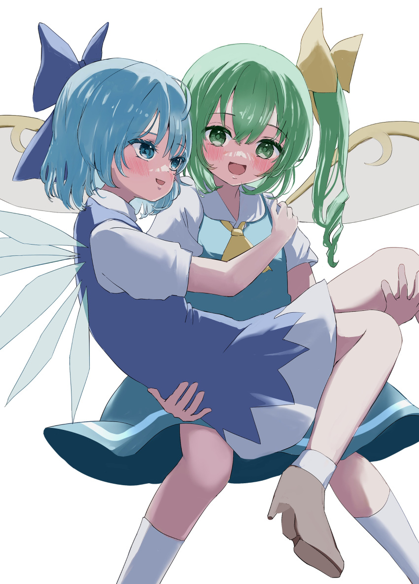 2girls :d absurdres ascot blue_bow blue_dress blue_eyes blue_hair bow carrying cirno commentary daiyousei dress fairy_wings green_eyes green_hair grey_footwear hair_bow hair_ribbon high_heels highres ice ice_wings looking_at_viewer medium_hair mikan_(manmarumikan) multiple_girls open_mouth princess_carry ribbon short_hair short_sleeves side_ponytail simple_background smile socks touhou white_background white_socks wings yellow_ascot yellow_ribbon