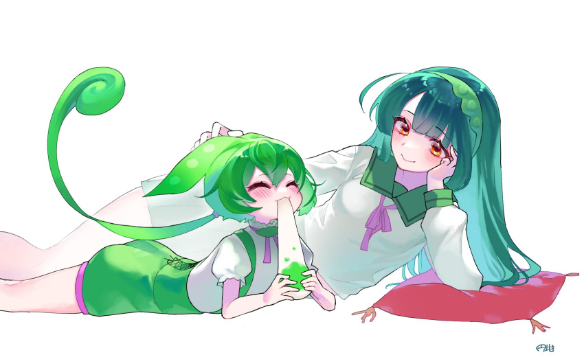 2girls :3 blush closed_eyes commentary_request eating food green_hair green_shorts green_skirt green_suspenders hairband hand_on_another's_head hand_on_own_face highres holding holding_food long_hair long_sleeves looking_at_another lying marutsubo multiple_girls on_side on_stomach orange_eyes pillow pleated_skirt puffy_short_sleeves puffy_sleeves ribbon school_uniform serafuku shirt short_sleeves shorts skirt touhoku_zunko voiceroid voicevox white_shirt zunda_mochi zundamon