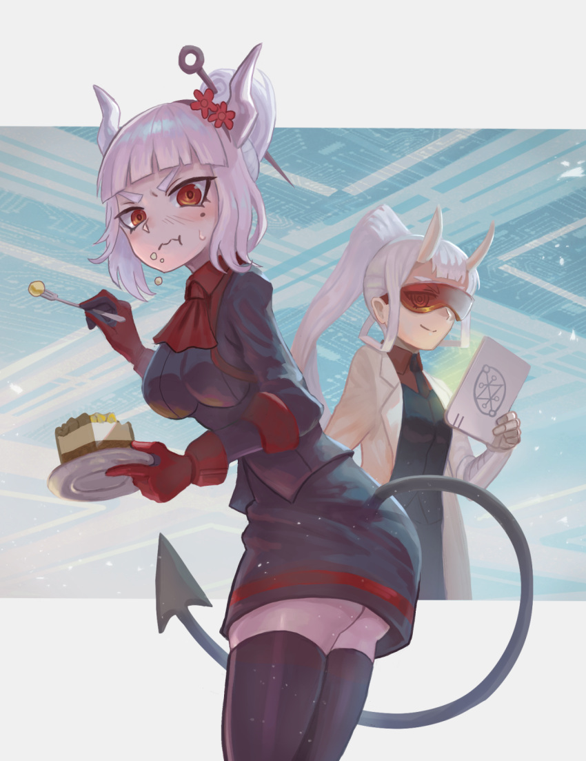 2girls :t ascot ass black_necktie black_thighhighs blush border breasts collared_shirt crumbs demon_horns demon_tail eating flower food_request fork gloves hair_flower hair_ornament helltaker highres holding holding_fork horns lab_coat letterboxed long_hair looking_at_viewer loremaster_(helltaker) lucifer_(helltaker) medium_breasts mole mole_under_eye multicolored_hair multiple_girls necktie oni_horns outside_border plate ponytail red_eyes red_gloves red_shirt shirt short_hair smile tail thighhighs thighs tunguu white_border white_hair zettai_ryouiki