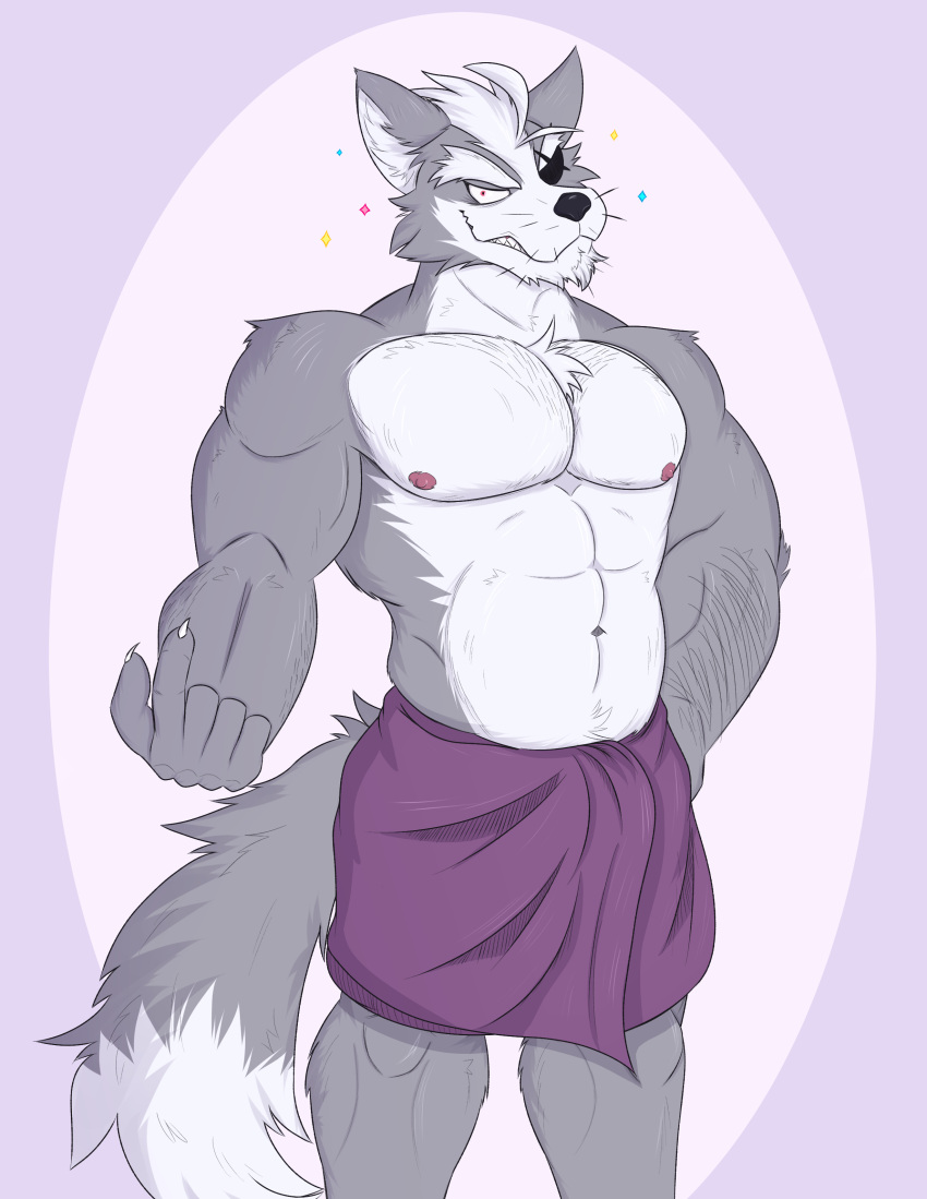 absurd_res anthro canid canine canis fur grey_body grey_fur hi_res isaacyote_(artist) looking_at_viewer male mammal muscular muscular_anthro muscular_male nintendo nipples smile solo star_fox towel towel_around_waist towel_only wolf wolf_o'donnell