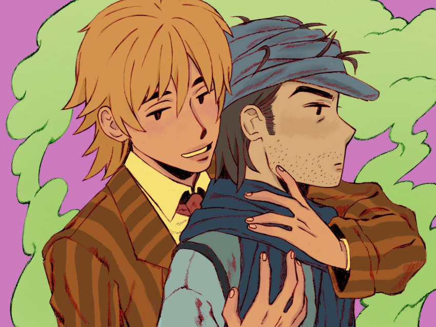 2boys beard_stubble black_hair blonde_hair blood blood_on_clothes brown_eyes finger_to_another's_cheek formal from_side ging_freecss highres hunter_x_hunter long_sleeves male_focus multiple_boys pariston_hill seasluggy short_hair sideburns smile smoke solid_oval_eyes sparse_stubble suit yaoi