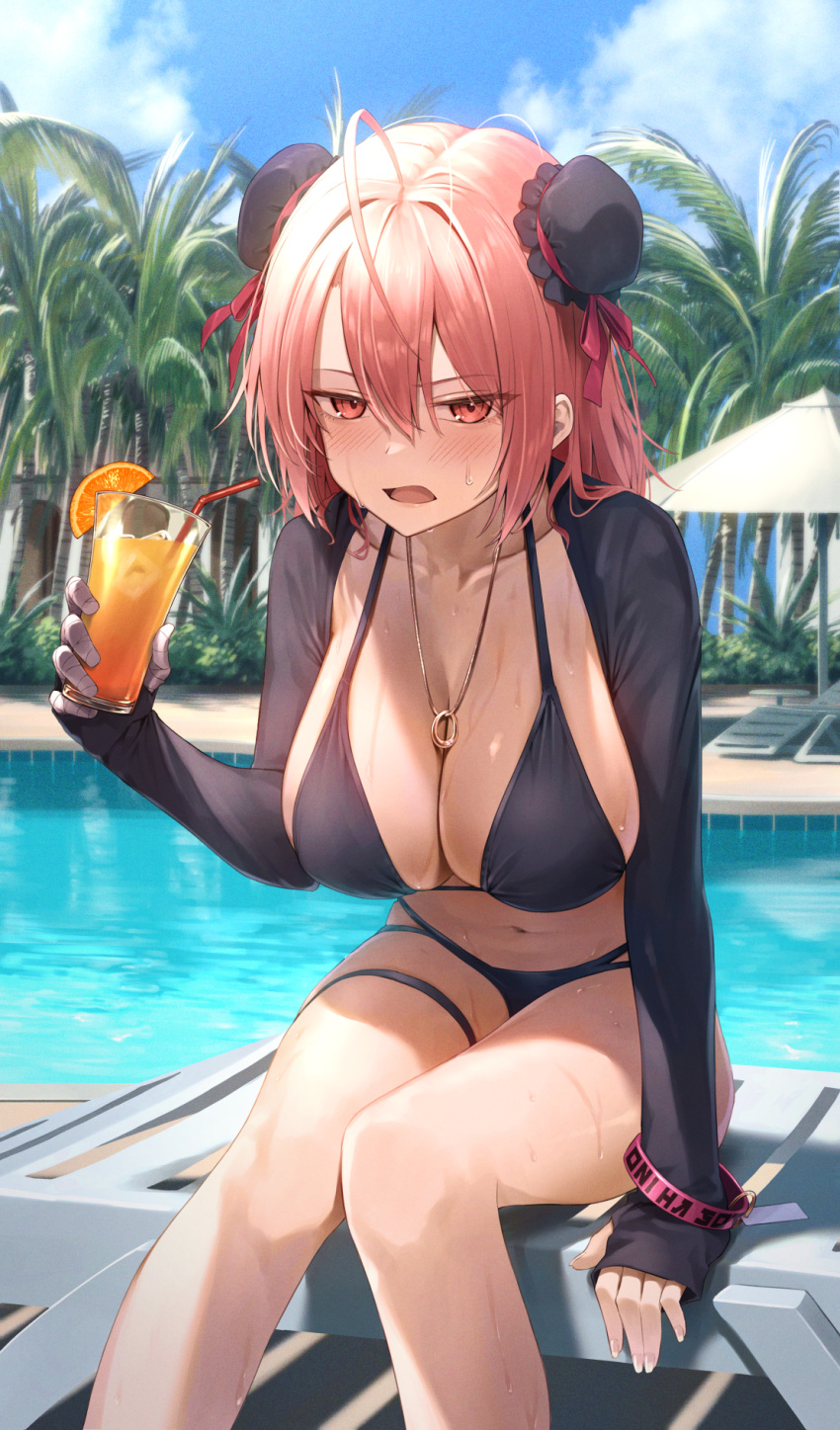 1girl ahoge alternate_costume bandaged_arm bandages beach_chair beach_umbrella bendy_straw bikini black_bikini blue_sky blush bracelet breasts bun_cover chair cleavage cloud cocktail commentary_request cup day double_bun drinking_glass drinking_straw drunk feet_out_of_frame food fruit greenkohgen hair_between_eyes hair_bun hair_intakes highres holding holding_cup ibaraki_kasen ice ice_cube jewelry large_breasts leaning_forward long_bangs looking_at_viewer lounge_chair multi-strapped_bikini_bottom navel necklace open_mouth orange_(fruit) orange_slice outdoors palm_tree patio_umbrella pink_eyes pink_hair pool poolside ring_necklace shrug_(clothing) sitting sky sleeves_past_wrists slouching solo swimsuit touhou tree tropical_drink umbrella water