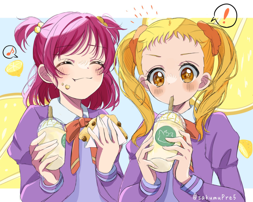! blonde_hair bow closed_eyes commentary_request crumbs cup drink drinking_straw drinking_straw_in_mouth eating eyelashes food food_on_face fruit glitter hair_ornament highres holding holding_cup holding_drink holding_food kasugano_urara_(yes!_precure_5) l'ecole_des_cinq_lumieres_school_uniform lemon musical_note pink_hair precure puffy_sleeves sakumupre5 school_uniform simple_background symbol_in_eye twintails twitter_username yellow_eyes yes!_precure_5 yes!_precure_5_gogo! yumehara_nozomi