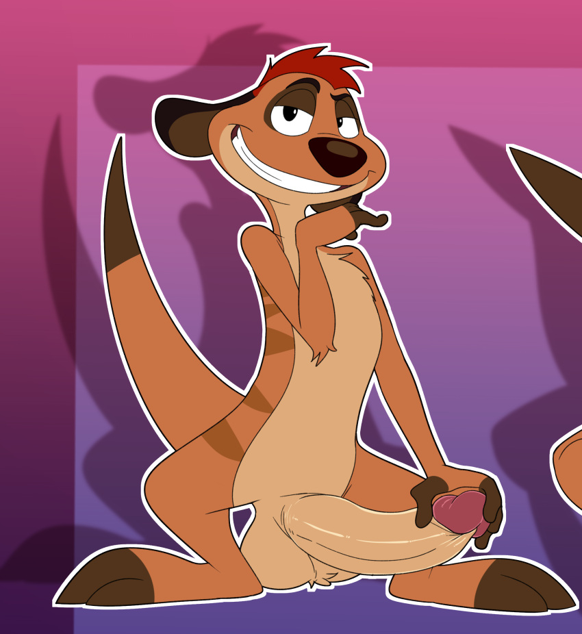 absurd_res anthro balls big_penis disney genitals hand_on_penis herpestid hi_res jerseydevil kneeling long_penis looking_at_viewer male mammal meerkat naughty_smile penis raised_tail smile solo spread_legs spreading tail the_lion_king timon